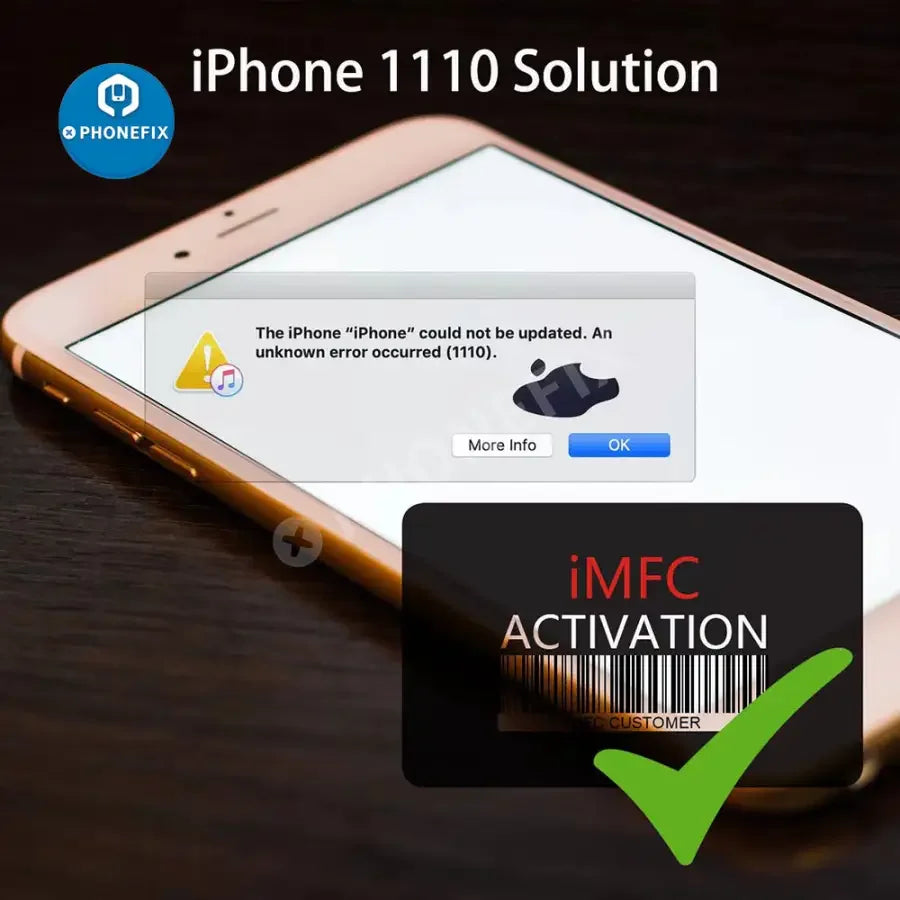 iMFC activation function for iTunes Error 1110 repair by PHONEFIX, white Apple repair tool, shown on a white background.