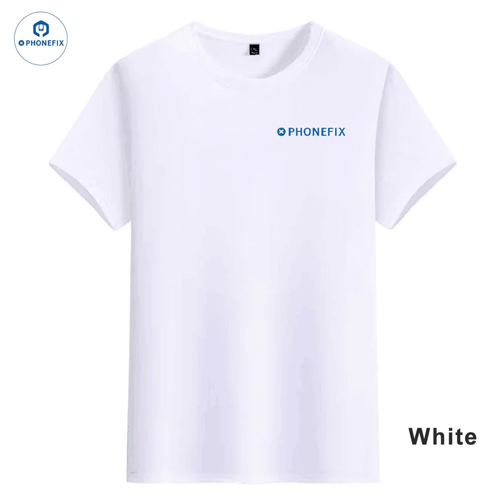 White PHONEFIX short-sleeved T-shirt with DIY customized logo, showcasing a casual, comfortable design for everyday wear.