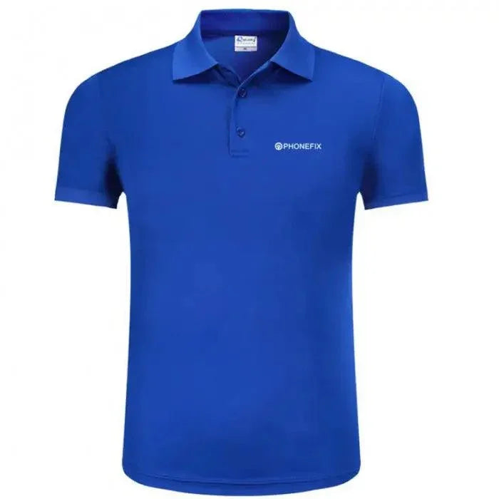 T-shirt bleu personnalisé de PHONEFIX avec espace pour la création de votre propre logo, parfait pour une image de marque personnalisée et un style décontracté.
