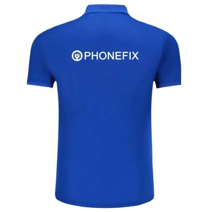 T-shirt bleu personnalisé de PHONEFIX avec espace pour logo de marque DIY, parfait pour la mode personnalisée ou le branding.