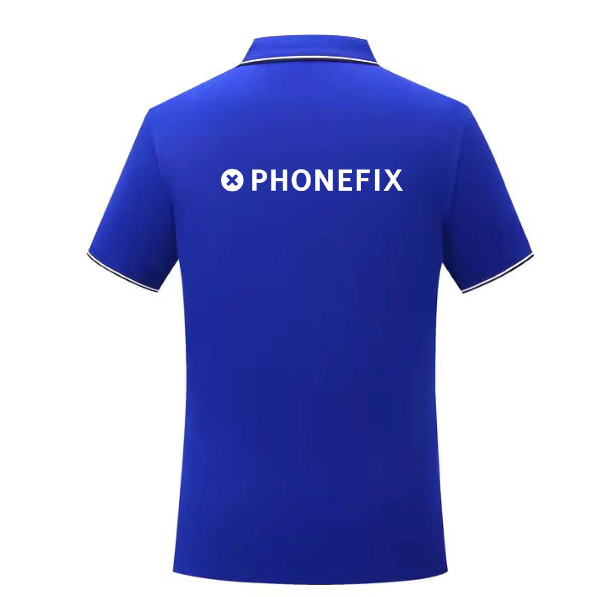 Blue customized T-shirt by PHONEFIX featuring space for your own logo, ideal for DIY personal branding and unique clothing.