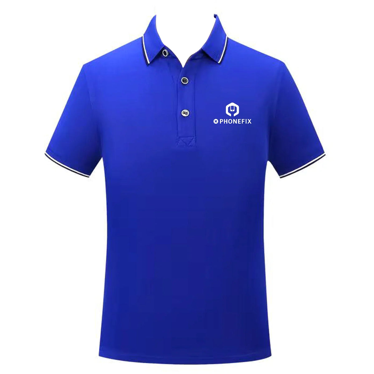 Blue customized T-shirt by PHONEFIX featuring DIY logo design, perfect for creating personalized branded clothing.