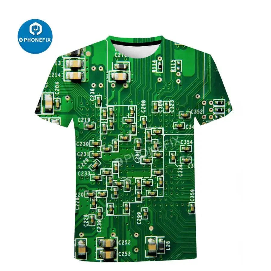 Men's short sleeve T-shirt with 3D electronic IC print in hip-hop style by PHONEFIX, featuring vibrant graphic design.