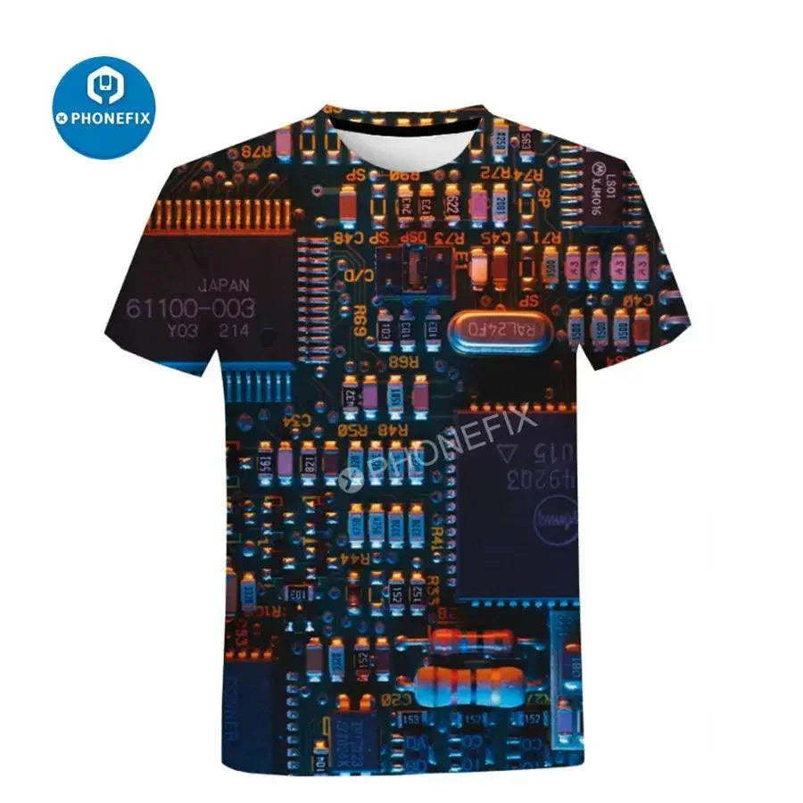 Men's short sleeve T-shirt by PHONEFIX with 3D electronic IC print in hip-hop style, featuring vibrant graphic design.
