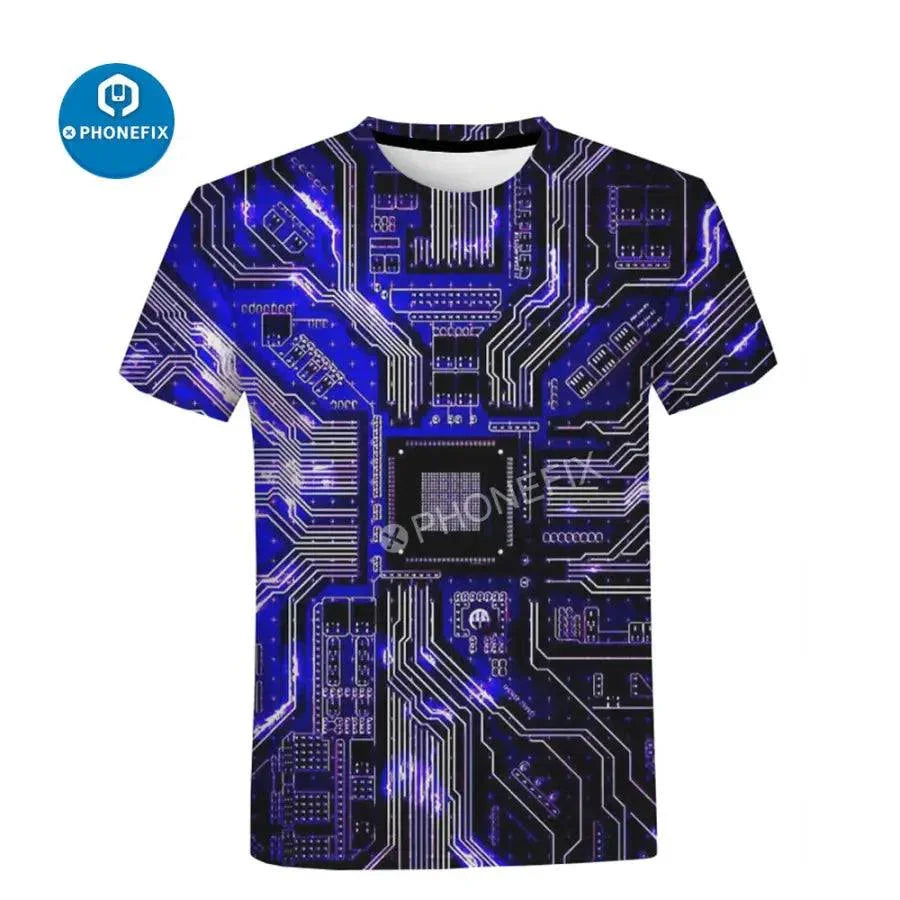 Men's short sleeve T-shirt by PHONEFIX featuring 3D electronic IC print in hip-hop style, casual and trendy design.