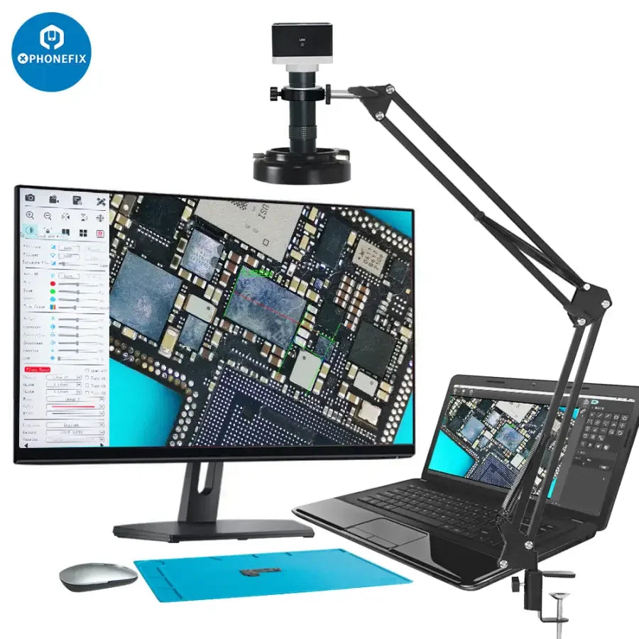 Kit de cámara de microscopio industrial PhoneFix con salida HDMI y VGA, lente de 130 aumentos, almacenamiento USB, ideal para transmisiones en directo e inspecciones detalladas.