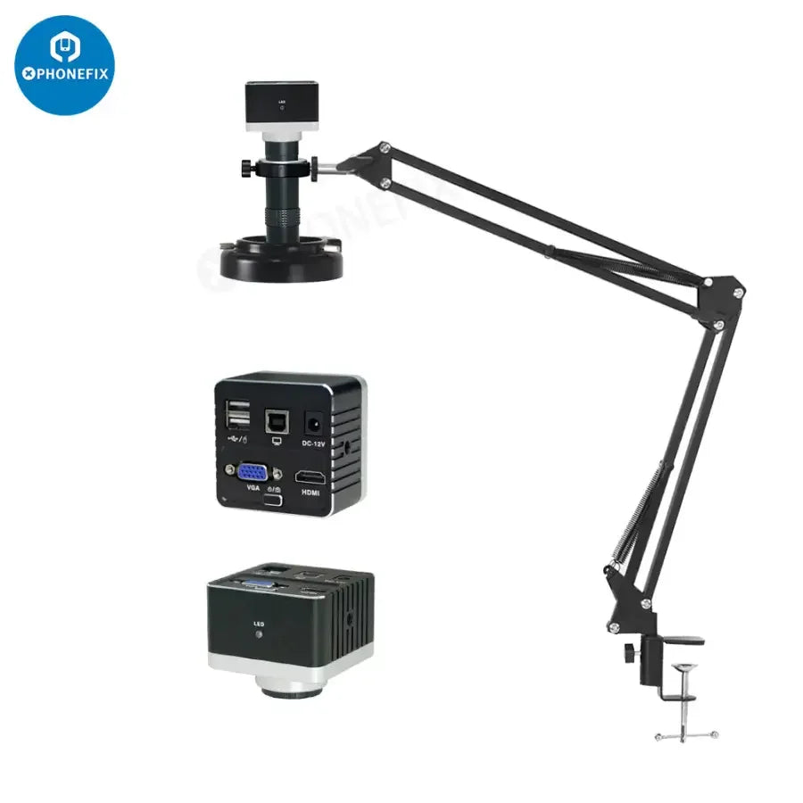 Kit de cámara de microscopio industrial PHONEFIX con HDMI y VGA, lente de 130 aumentos, almacenamiento en unidad USB, ideal para transmisiones en directo e inspecciones detalladas.