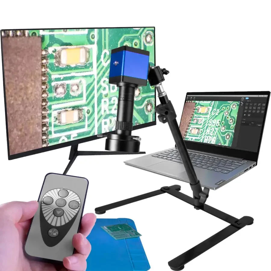 Caméra numérique HDMI VGA utilisée comme microscope de diffusion en direct par PHONEFIX, montrant un gros plan détaillé de composants électroniques.