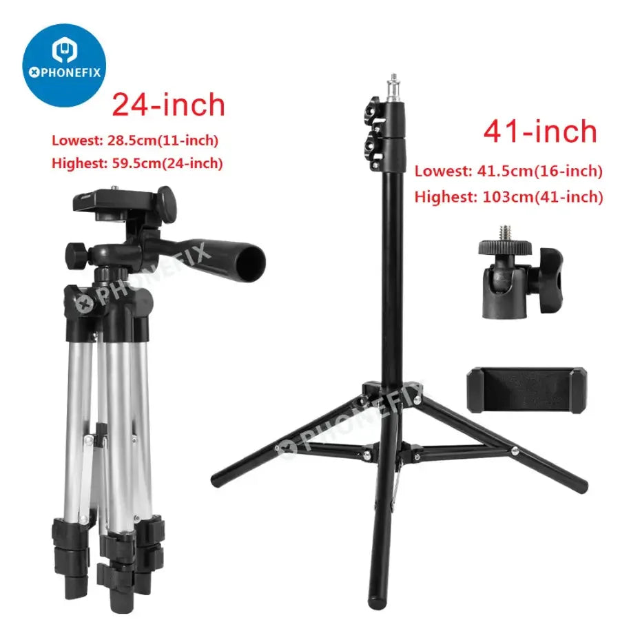 PhoneFIX tripod stand for live streaming and photography, supporting phone camera with adjustable mount on a stable tripod.