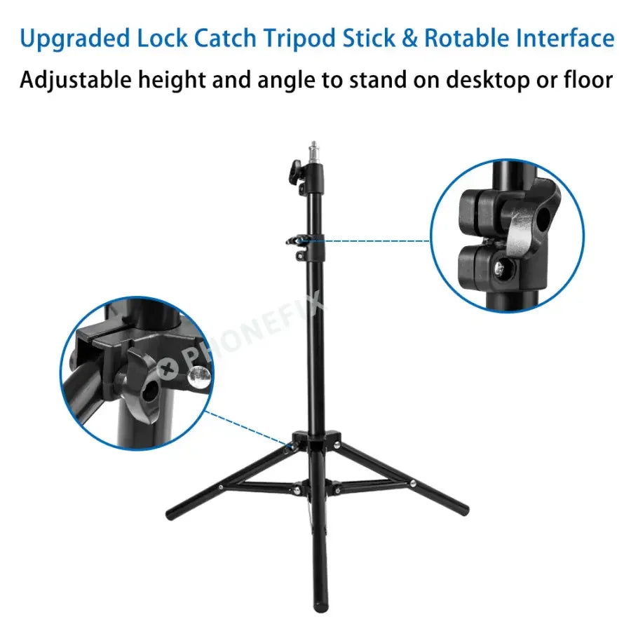 PhoneFix tripod stand and phone holder for live streaming and photography, featuring adjustable mount for smartphones.