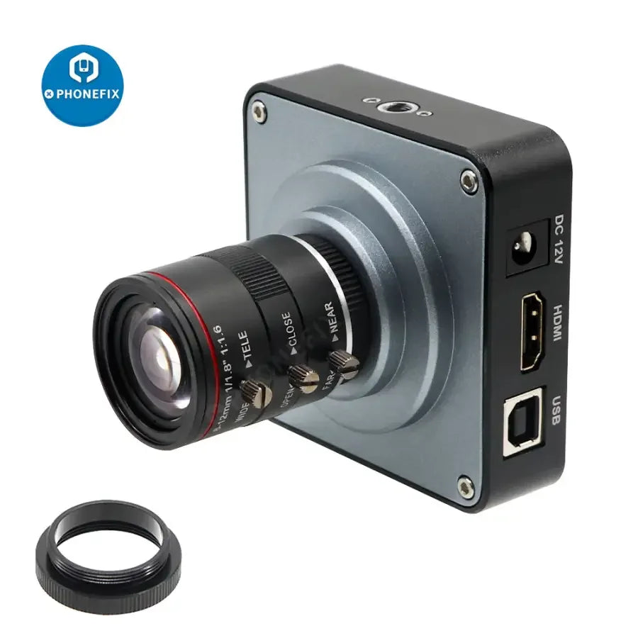 Caméra PHONEFIX 38MP avec flux vidéo en direct HDMI, objectif 6-12mm F1.6, 60 FPS, idéale pour l'enregistrement vidéo numérique industriel.