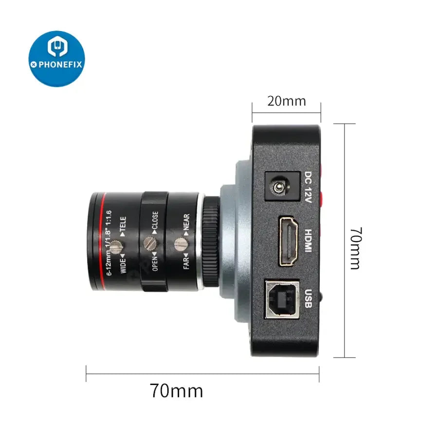 Caméra numérique PHONEFIX 38MP 60FPS HDMI pour diffusion en direct avec objectif 6-12mm F1.6 pour l'enregistrement vidéo industriel et professionnel.