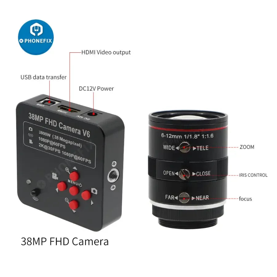 Caméra de streaming en direct PHONEFIX 38MP HDMI avec objectif 6-12mm F1.6, 60 FPS, idéale pour l'enregistrement vidéo numérique industriel.