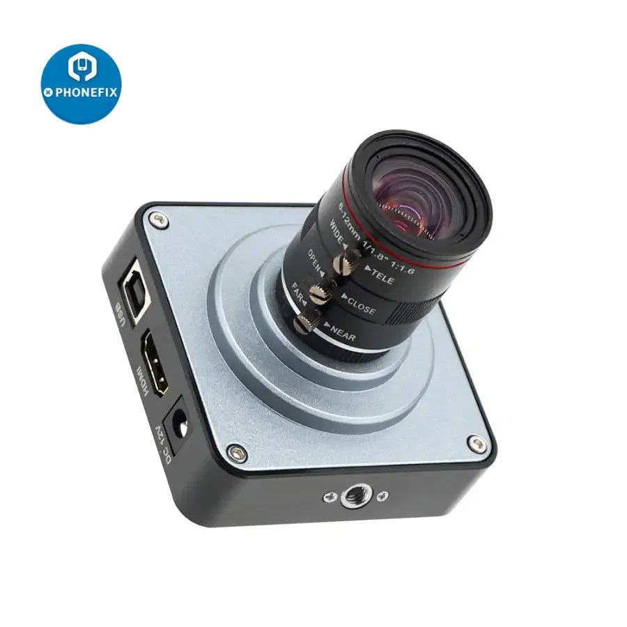 Caméra numérique PHONEFIX 38MP 60FPS HDMI pour diffusion en direct avec objectif 6-12mm F1.6, idéale pour l'industrie et l'enregistrement vidéo professionnel.