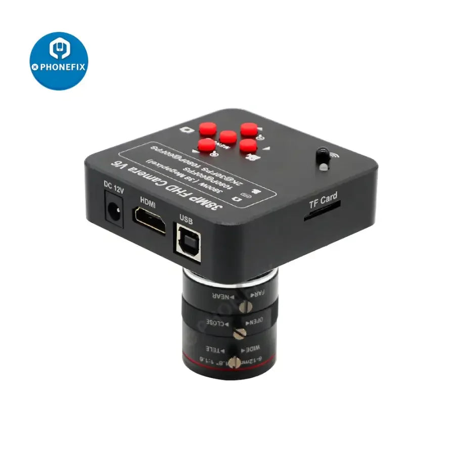 Caméra de streaming en direct PHONEFIX 38MP HDMI avec objectif 6-12mm F1.6, vidéo 60FPS, idéale pour l'industrie et l'enregistrement numérique.
