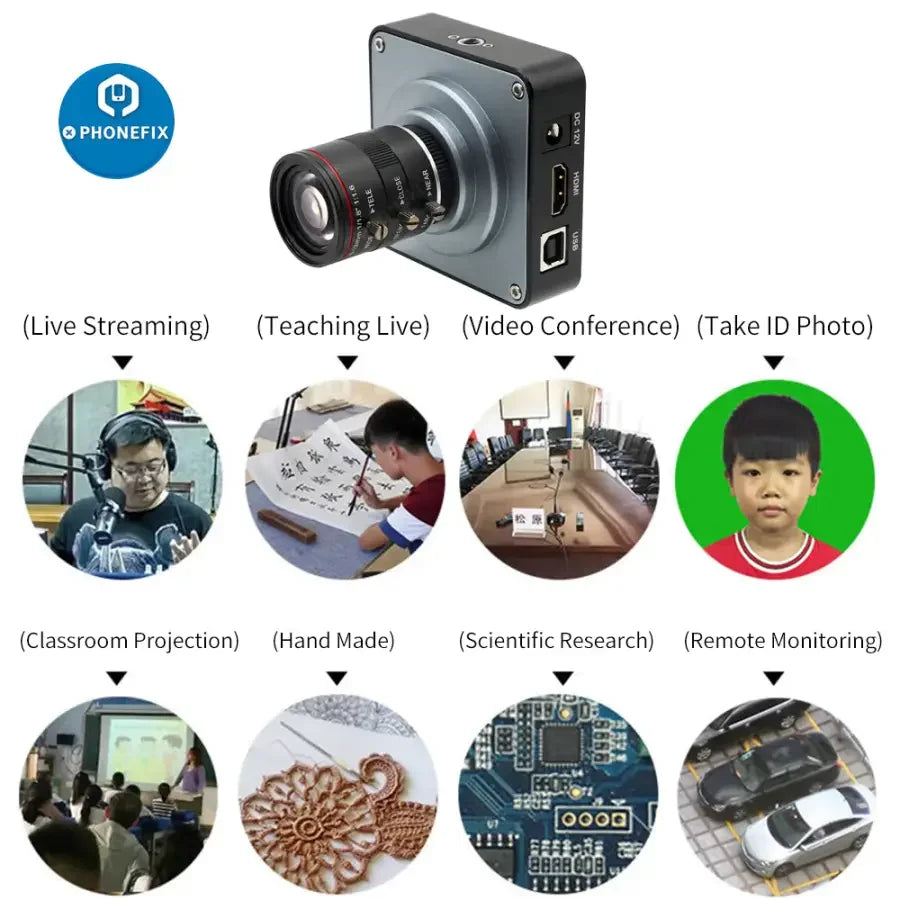 Caméra numérique PHONEFIX 38 MP pour diffusion en direct avec HDMI, objectif 6-12 mm F1.6, 60 images/seconde pour l'enregistrement vidéo industriel et professionnel