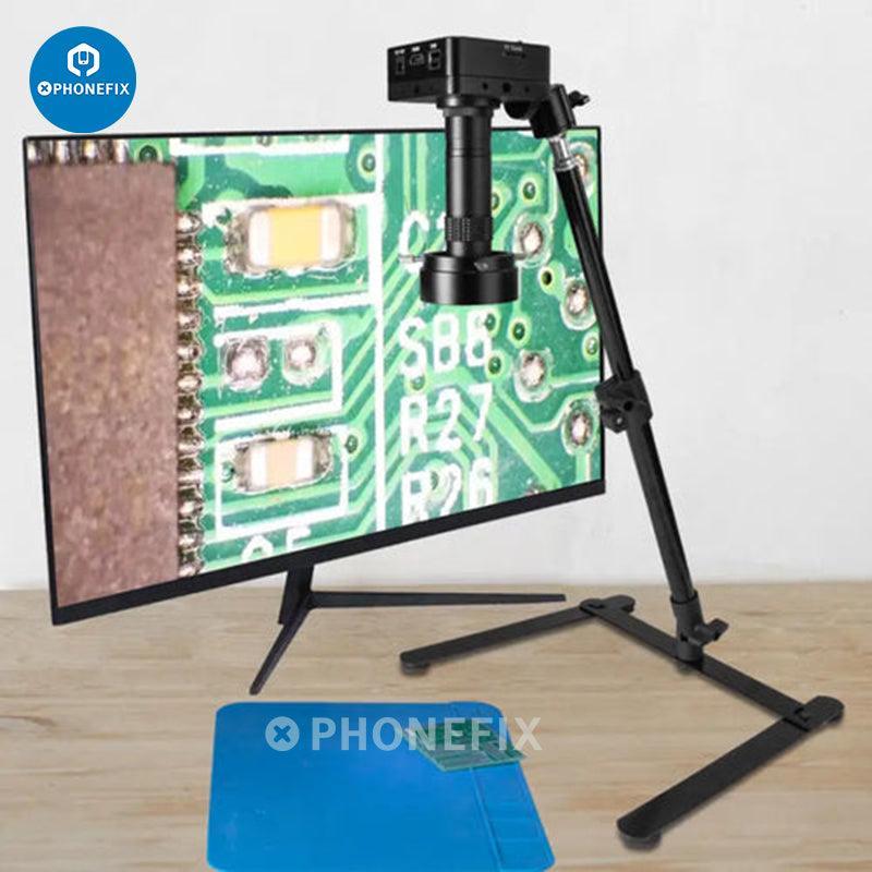 Cámara digital industrial de transmisión en directo de 38 MP con HDMI y USB, montada sobre un soporte de microscopio para la inspección y reparación de CPU.