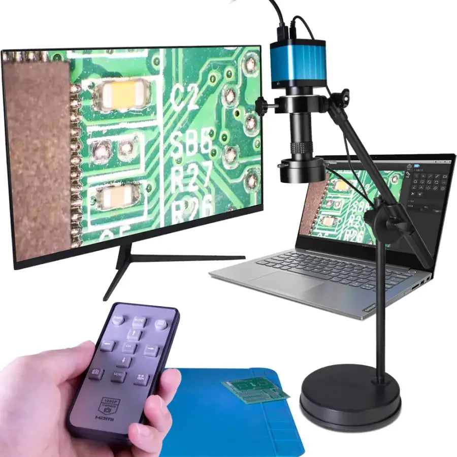 Microscopio USB HDMI 4K PHONEFIX con cámara de 48 MP para reparación de placas de circuito impreso y transmisión en directo, que captura componentes electrónicos con gran detalle.