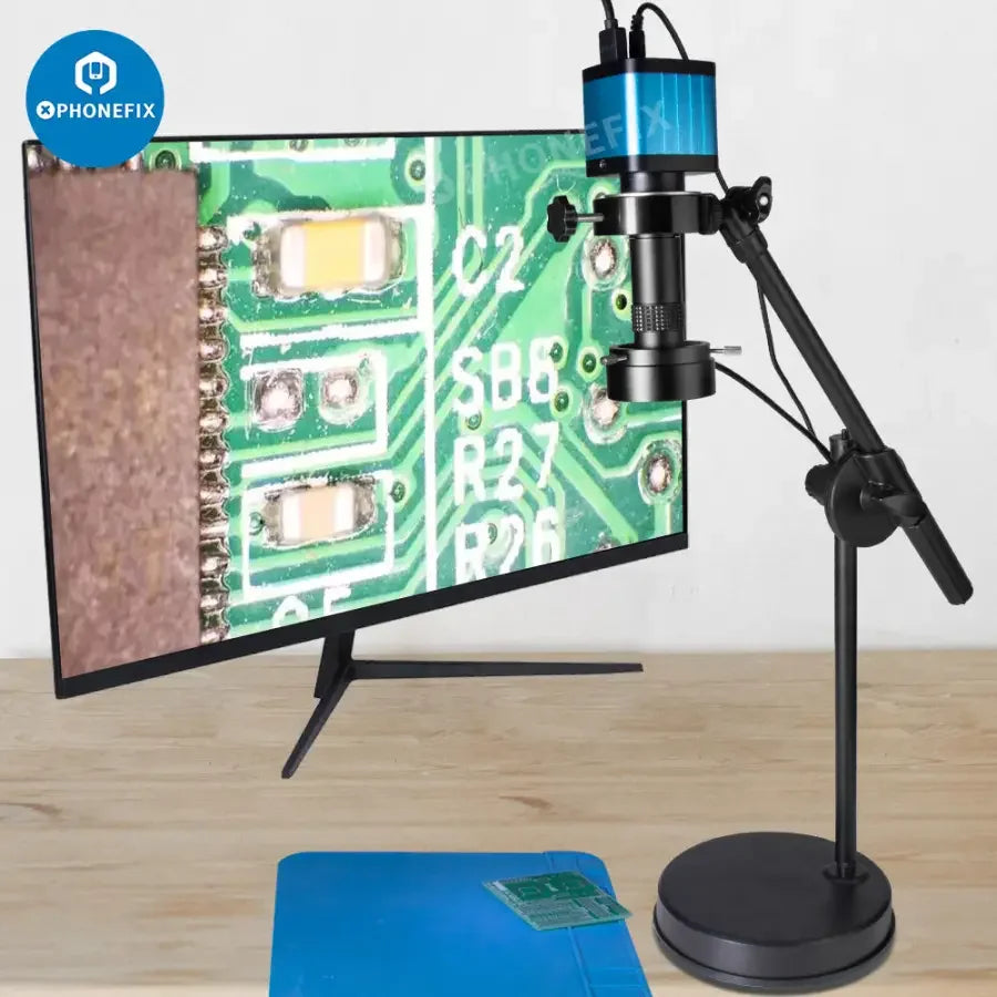 PHONEFIX 4K HDMI USB Microscope with 48MP camera for live streaming and PCB repair, featuring high-resolution video and versatile setup.
