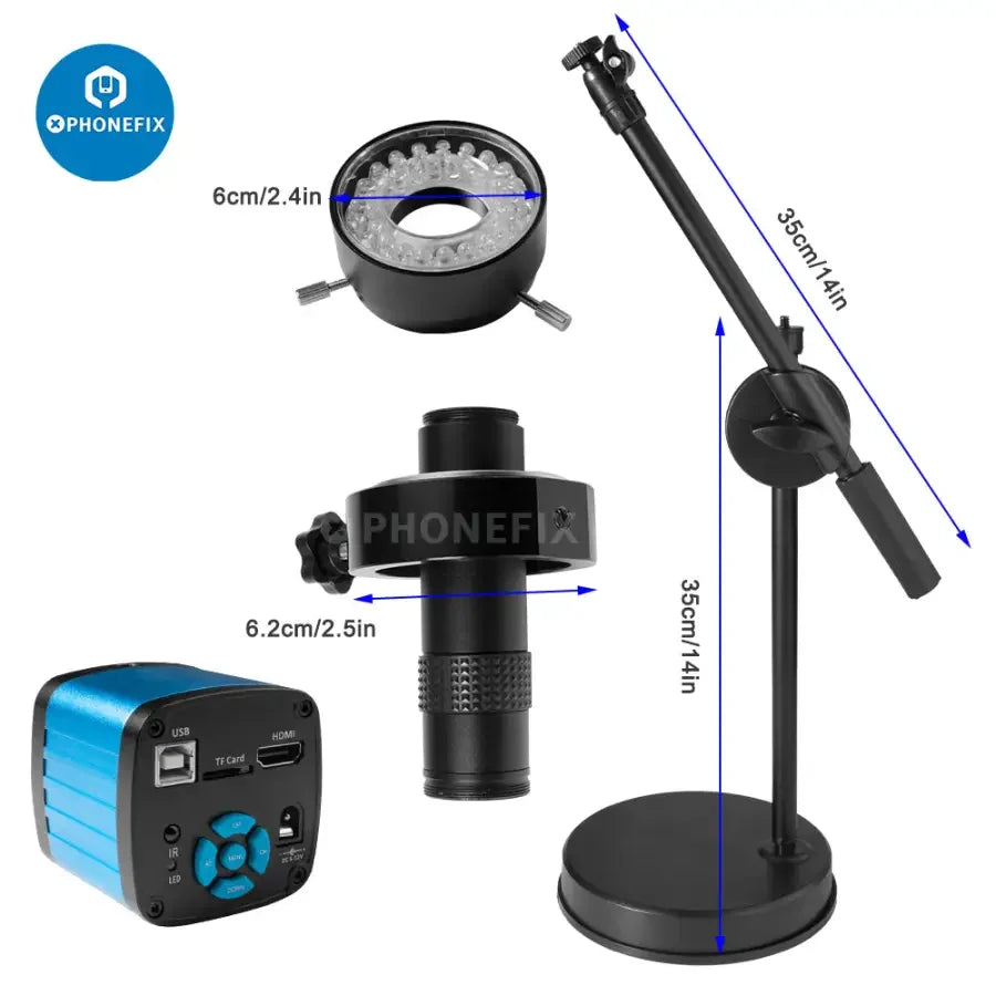 PHONEFIX 4K HDMI USB microscope with 48MP camera for PCB repair and live streaming, featuring high-resolution video and detailed magnification.