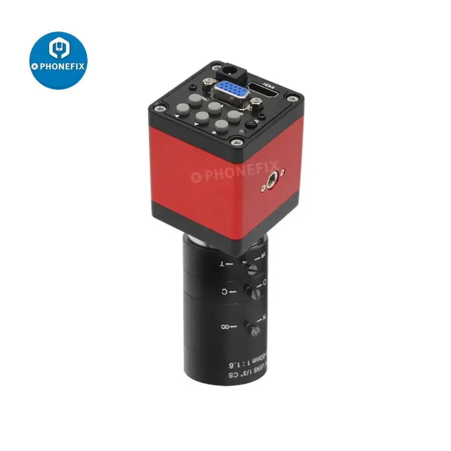 PHONEFIX 13MP 1080P HDMI VGA microscope camera with 8-50mm or 6-60mm lens, ideal for live streaming and detailed microscopy.