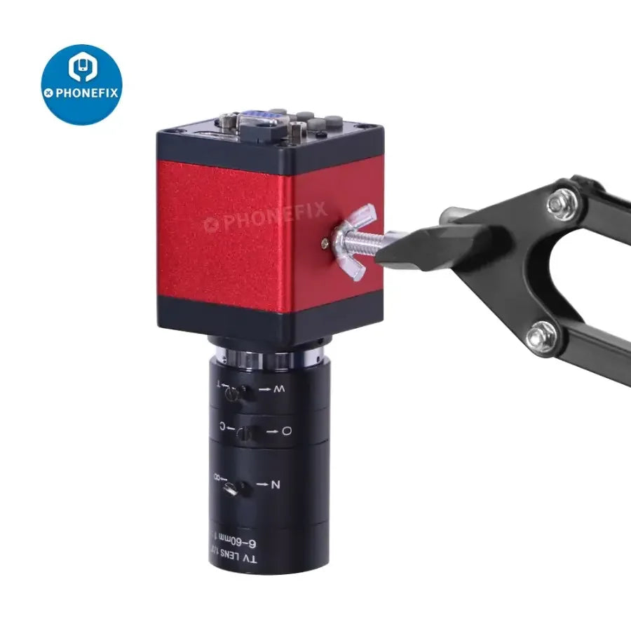 PHONEFIX 13MP 1080P HDMI VGA microscope camera with 8-50mm or 6-60mm lens, ideal for live streaming and detailed microscopy.