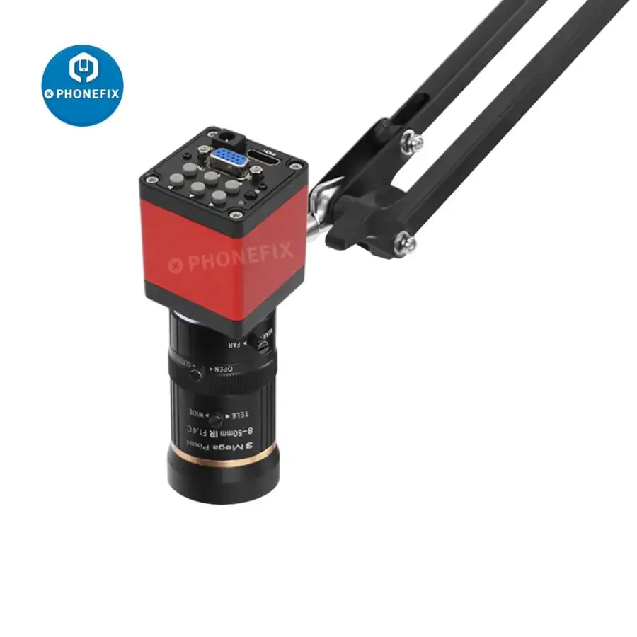 Phonefix live streaming microscope camera with 13MP 1080p resolution, HDMI VGA output, and 6-60mm lens for detailed microscopy viewing.