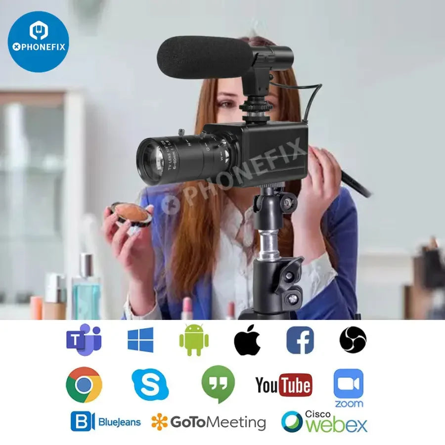 PHONEFIX 5.0MP 4K USB webcam with 10x optical zoom, HD camera and built-in microphone for live streaming and video calls.
