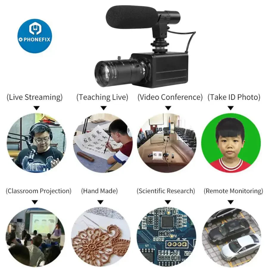 PHONEFIX 5.0MP 4K USB webcam with 10x optical zoom, HD camera, and built-in microphone for live streaming and video calls.