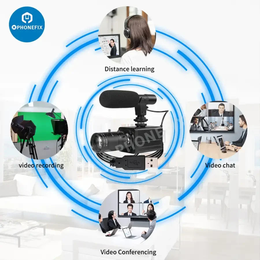 PHONEFIX 5.0MP 4K USB webcam with 10X optical zoom, HD camera, and built-in microphone for live streaming and video calls.