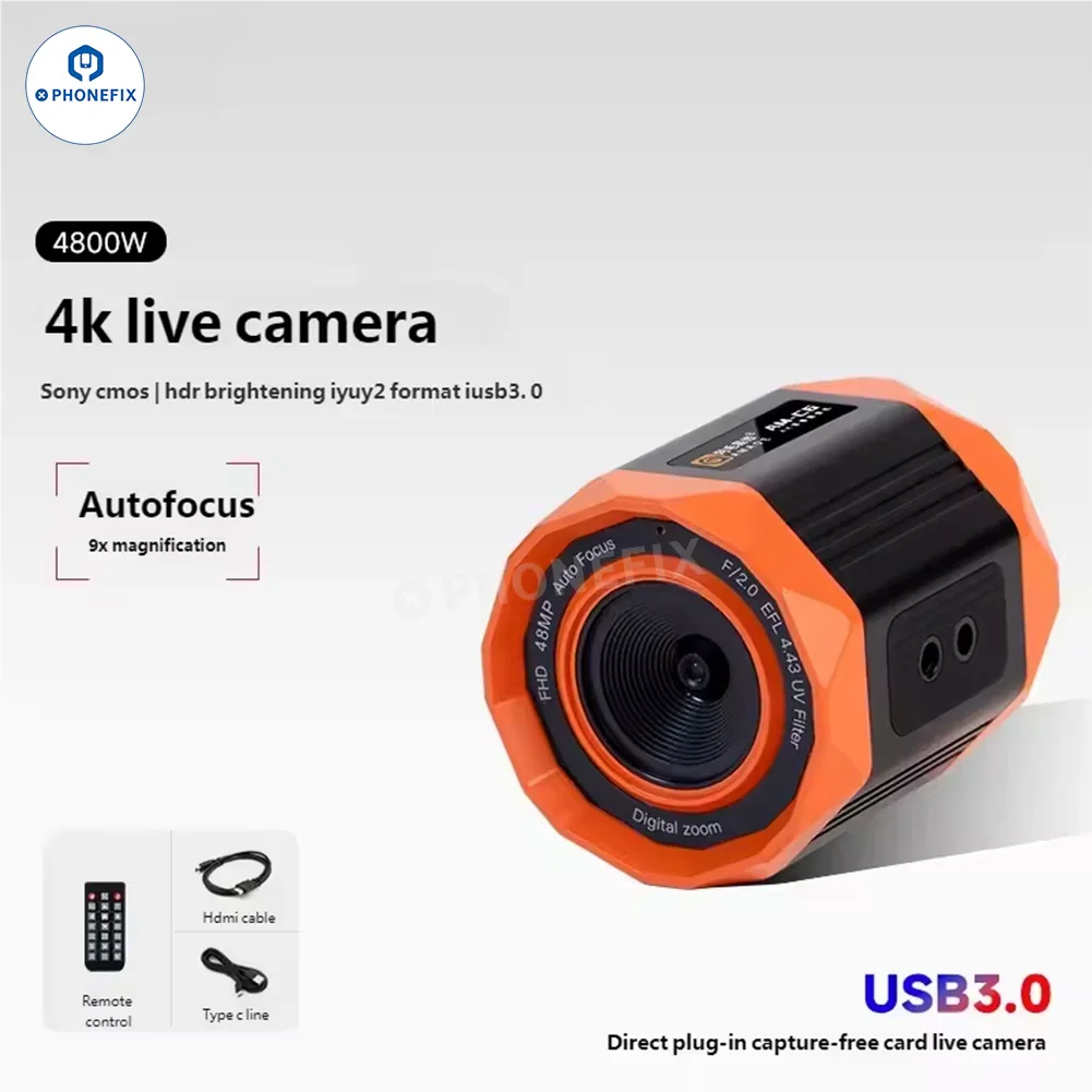 Cámara de transmisión en vivo PHONEFIX AMAOE AM-C6 USB 3.0 4K Ultra HD que muestra la vista frontal con lente y micrófono incorporado.
