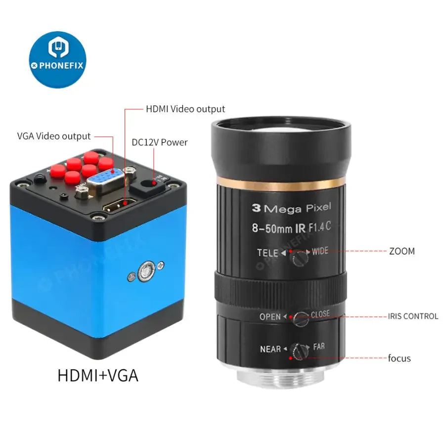 PHONEFIX 1080p HDMI VGA live streaming camera with 8-50mm lens, industry-grade digital webcam for high-quality video recording