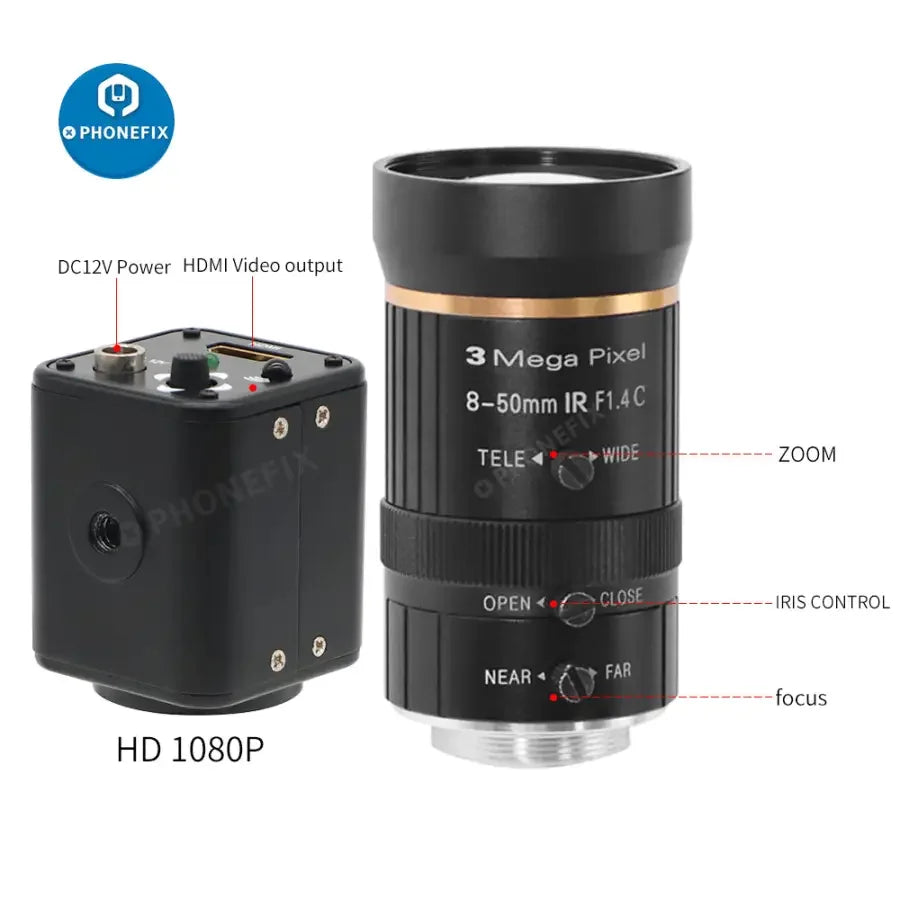 PHONEFIX 1080p live stream camera with 8-50mm lens, ideal for live broadcasts and webcam use, featuring adjustable zoom.
