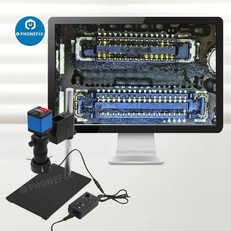 PhoneFix 13MP HDMI VGA live streaming camera with 130X lens and 40LED light for PCB soldering inspection.