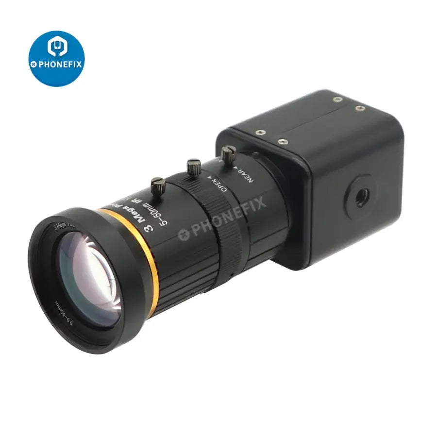 Caméra de diffusion en direct PHONEFIX 2.0MP 1080p avec objectif CCTV 5-50mm F1.4, montrant l'objectif de la caméra et la marque.