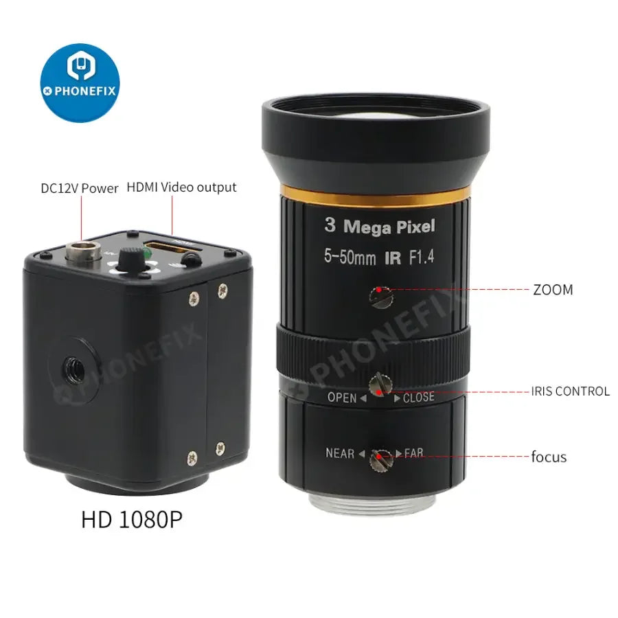 Caméra de diffusion en direct PHONEFIX 2.0MP 1080p avec objectif CCTV 5-50mm F1.4, idéale pour une surveillance et des applications de diffusion claires.