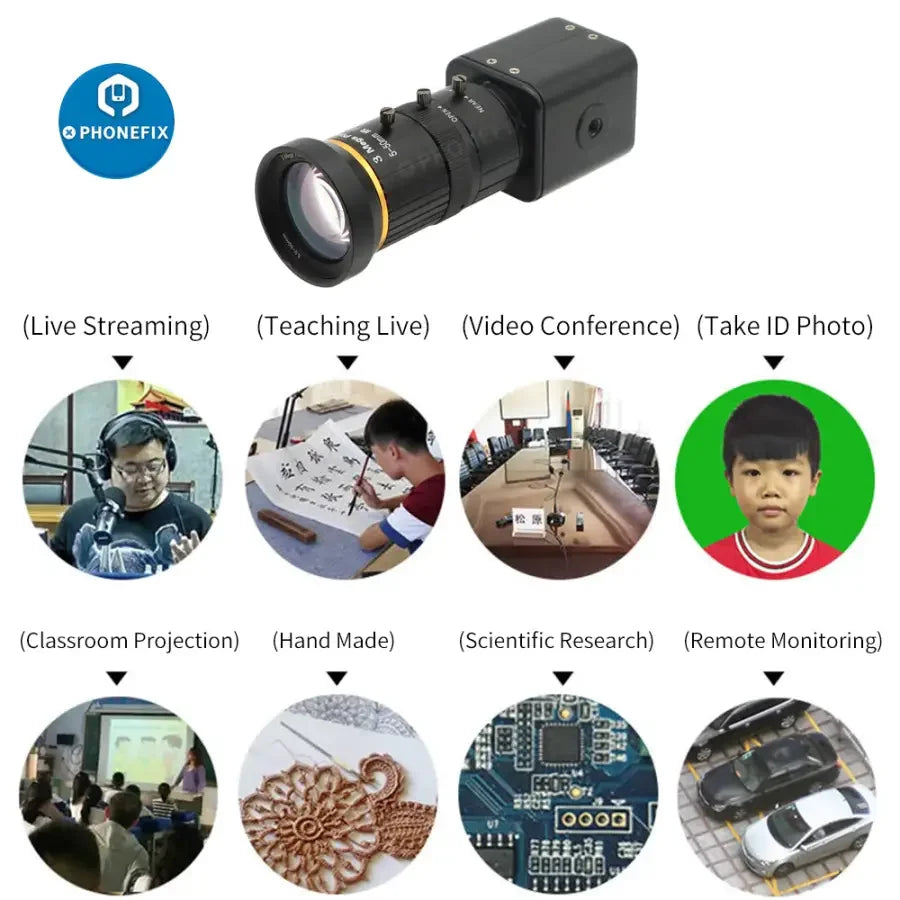 Caméra de streaming en direct PHONEFIX 2.0MP 1080p avec objectif CCTV 5-50mm F1.4, idéale pour la sécurité ou la surveillance de haute qualité.