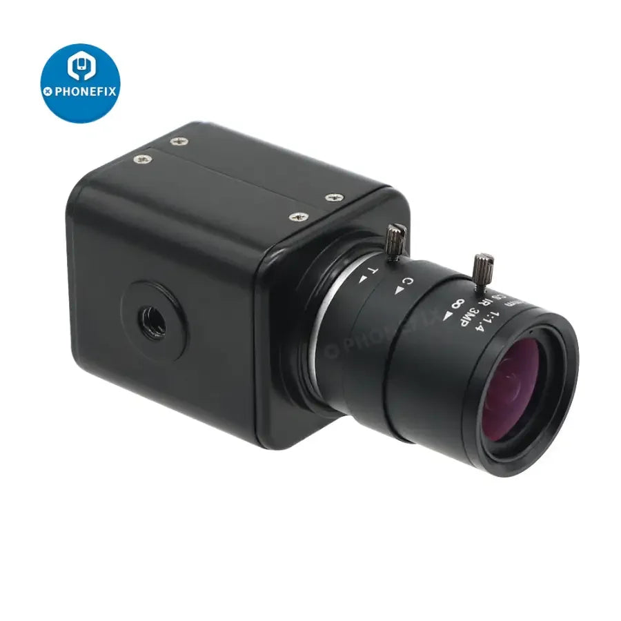 Cámara industrial PHONEFIX de 2.0 MP con sensor CMOS y lente de 2.8-12 mm F1.4, ideal para videovigilancia CCTV y aplicaciones de seguridad con transmisión en directo.