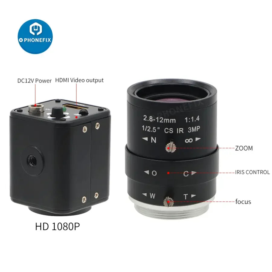 PHONEFIX 2.0MP CMOS industry camera with 2.8-12mm F1.4 lens for CCTV surveillance and live streaming.