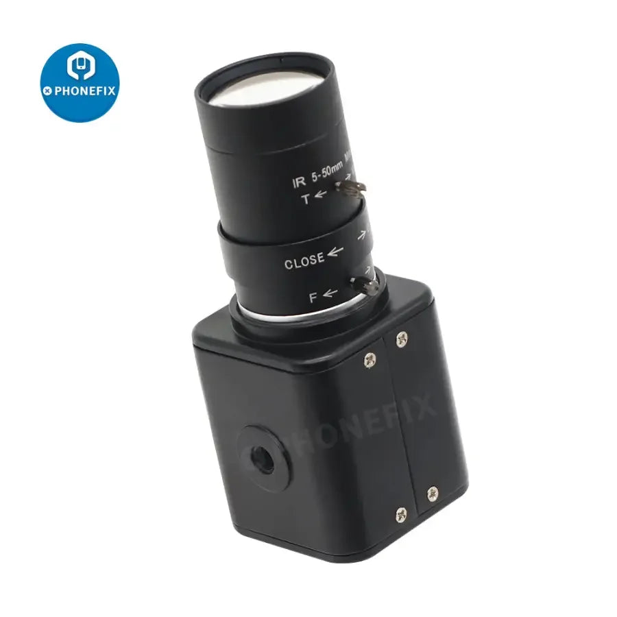 Cámara industrial PHONEFIX de 2.0 MP con sensor CMOS y lente de 2.8-12 mm F1.4 para videovigilancia y transmisión en directo.