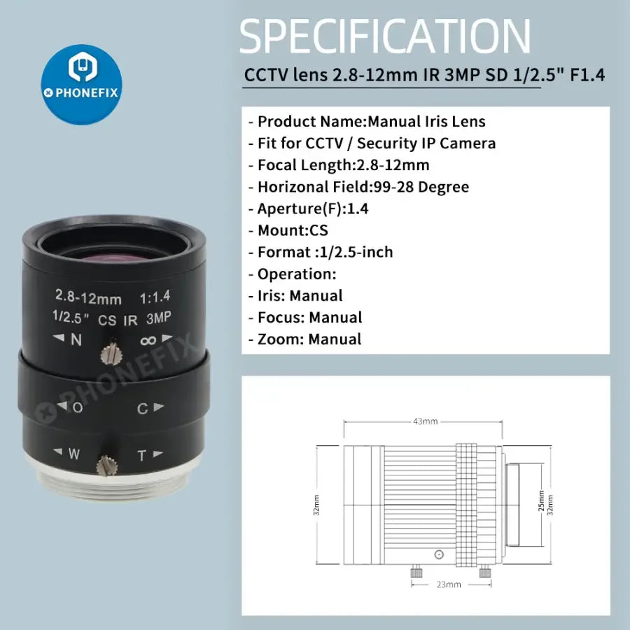 PHONEFIX 2.0MP CMOS industry camera with 2.8-12mm F1.4 lens, ideal for CCTV surveillance and live streaming.