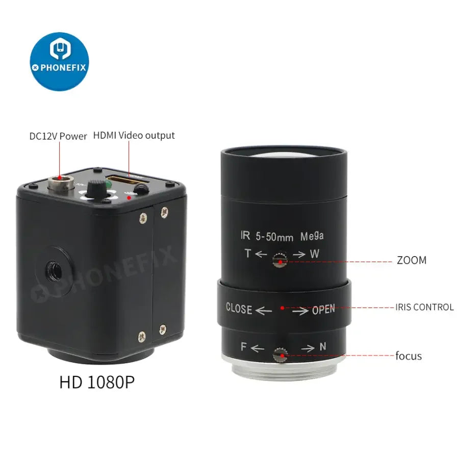 PHONEFIX 2.0MP CMOS industry live streaming camera with 5-50mm IR F1.6 CCTV lens, suitable for security and surveillance.