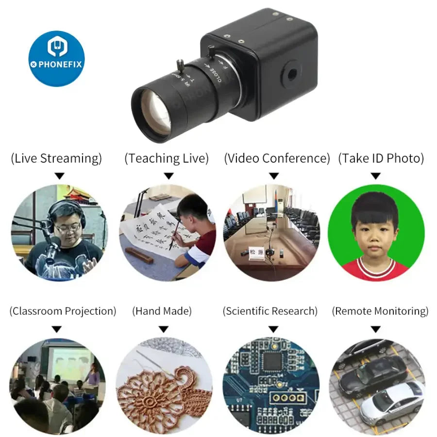 PHONEFIX 2.0MP CMOS industrial live streaming camera with 5-50mm IR F1.6 CCTV lens, ideal for surveillance and security.