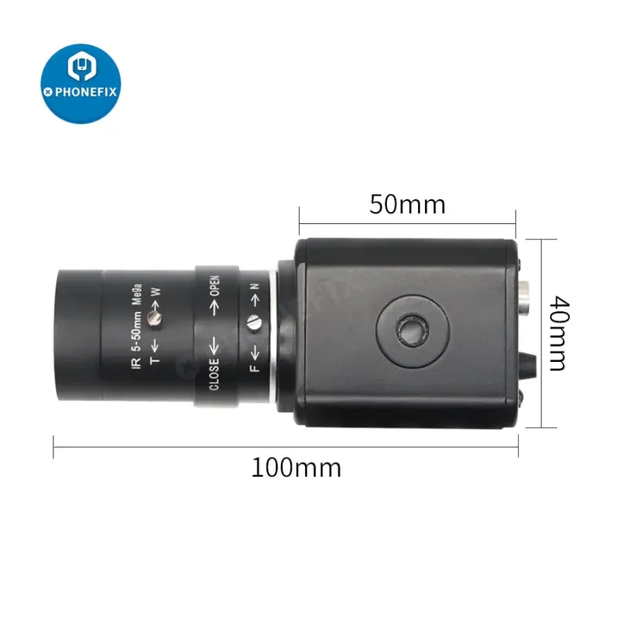 PHONEFIX 2.0MP CMOS live stream camera with 5-50mm IR F1.6 CCTV lens, ideal for high-quality security and video streaming.