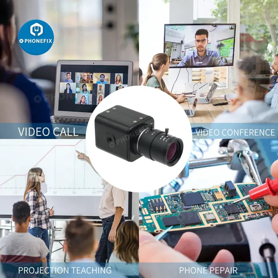 PHONEFIX 2.0MP CMOS live streaming camera with 2.8-12mm F1.4 lens, ideal for high-quality video broadcasting.