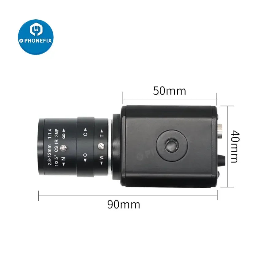 PHONEFIX 2.0MP CMOS live streaming camera with 2.8-12mm F1.4 lens, showing the camera with adjustable lens and sleek design.