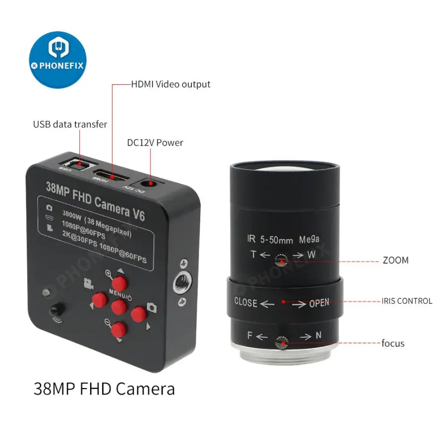 PHONEFIX 38MP live streaming camera with 60FPS, 3800W resolution, 5-50mm F1.6 lens, designed for industrial and professional use.