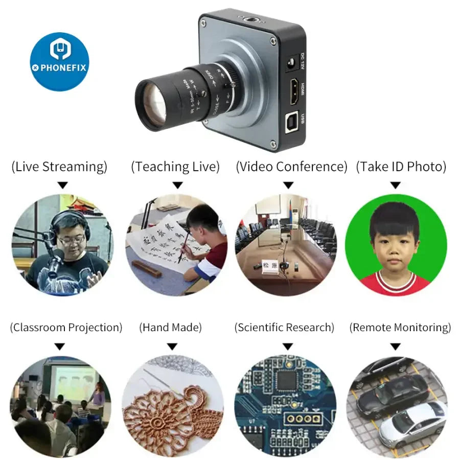 PHONEFIX 38MP live streaming camera with 60fps, 3800W power, 5-50mm F1.6 lens, designed for industrial and professional use.