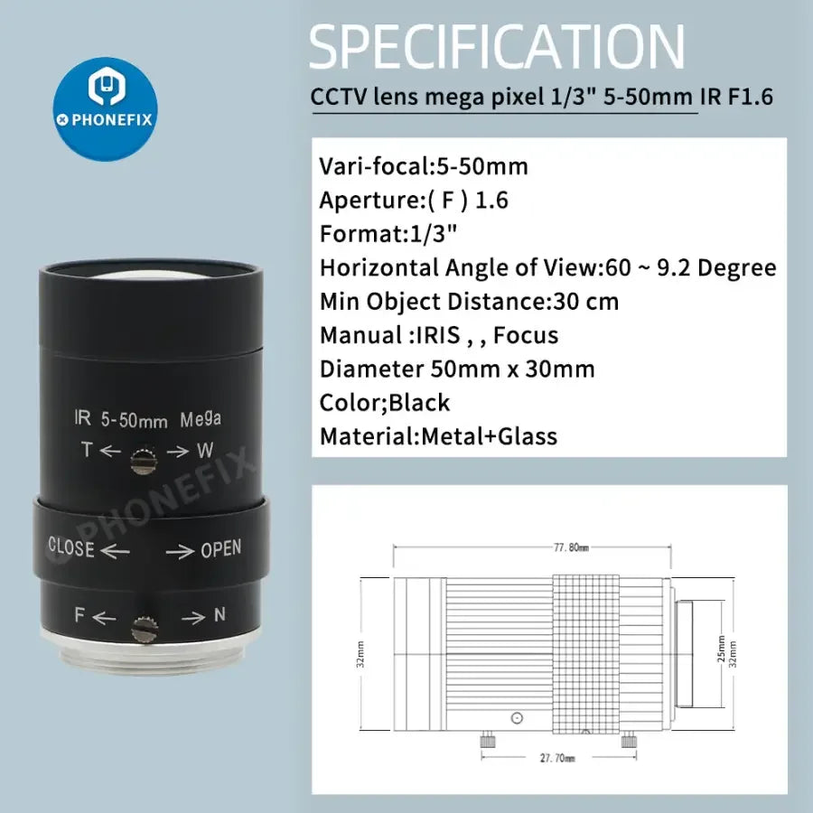 PHONEFIX 38MP live streaming camera with 60FPS, 3800W, 5-50mm F1.6 lens for industrial or professional video recording.