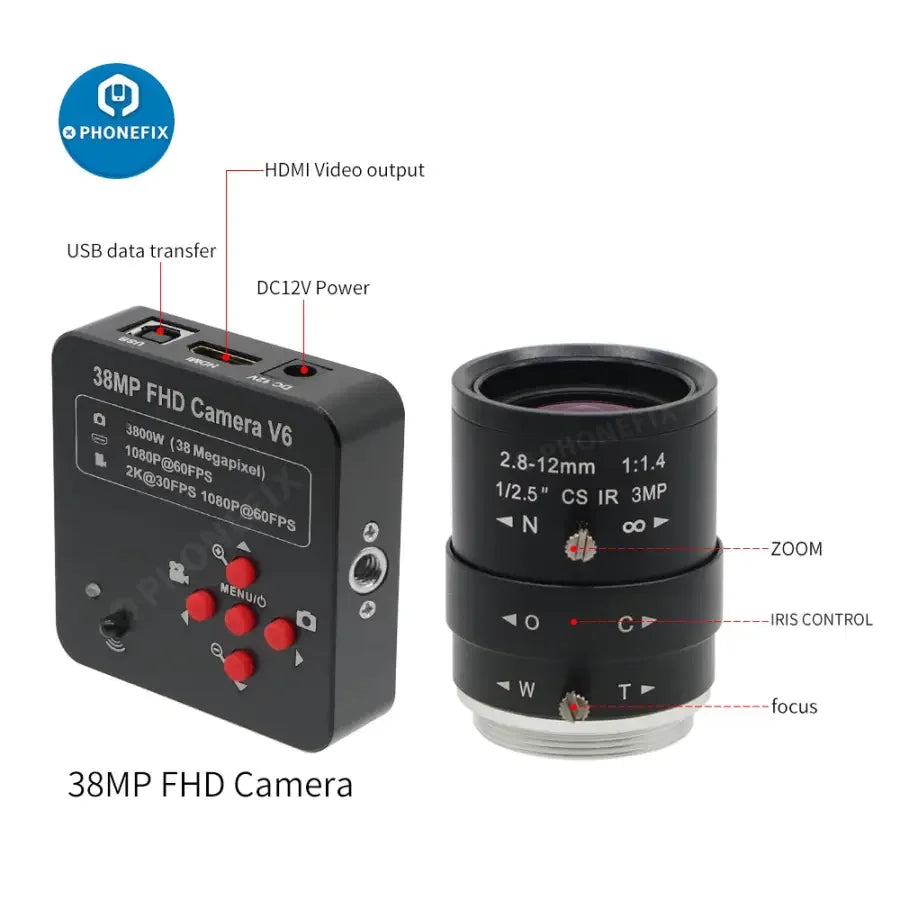 PhoneFIX 38MP HDMI live streaming camera with 2.8-12mm F1.4 lens, industry-grade 3800W high-resolution camera for professional video capture.